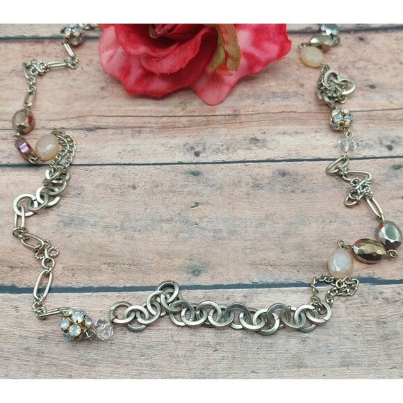 Loft Brushed Gold Tone Chain & Bead Station Necklace Crystals 36" Long - Picture 1 of 12